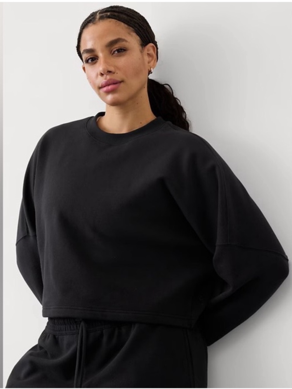 Athleta Forever Fleece Dolman Crop Sweatshirt Size Small Black